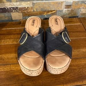 BORN Devona Platform Wedge Sandal In Black Leather BR0005803